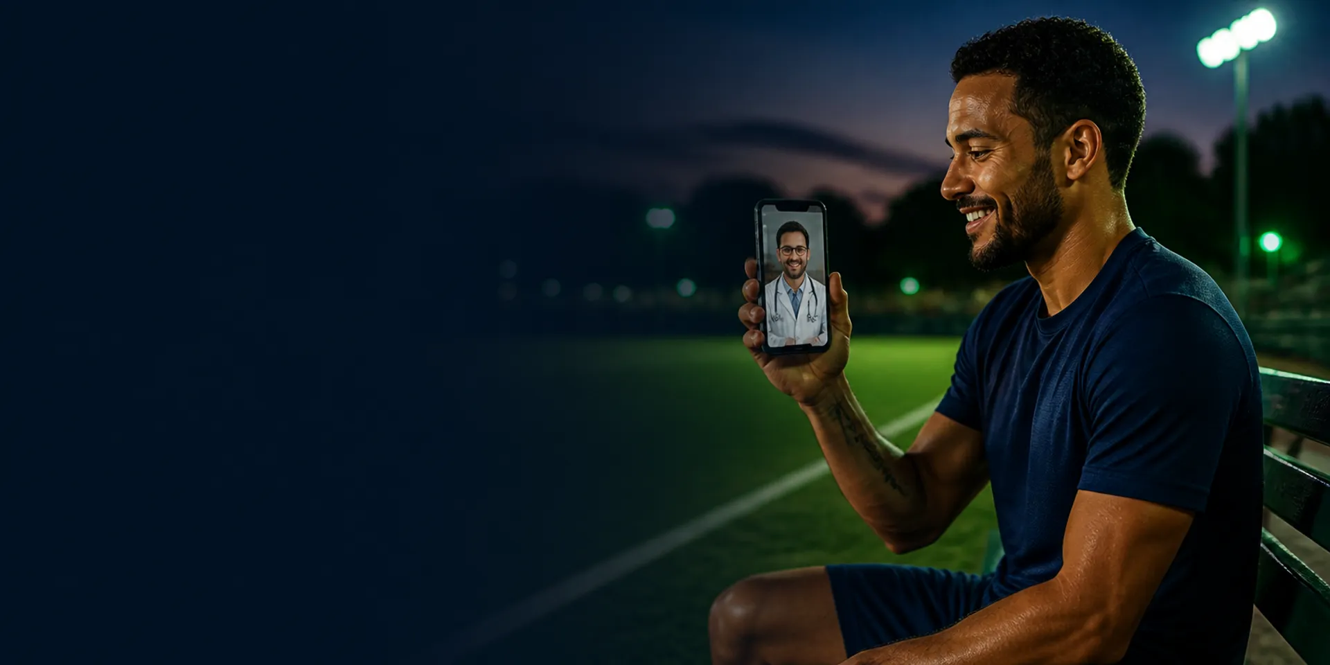 Homem em um campo de futebol falando com um médico por videochamada no celular