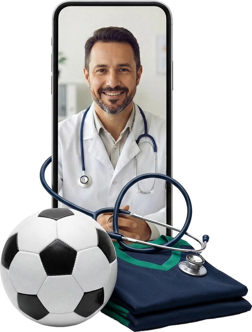 Celular exibindo uma consulta por videochamada ao lado de uma camisa de futebol, uma bola e um estetoscópio